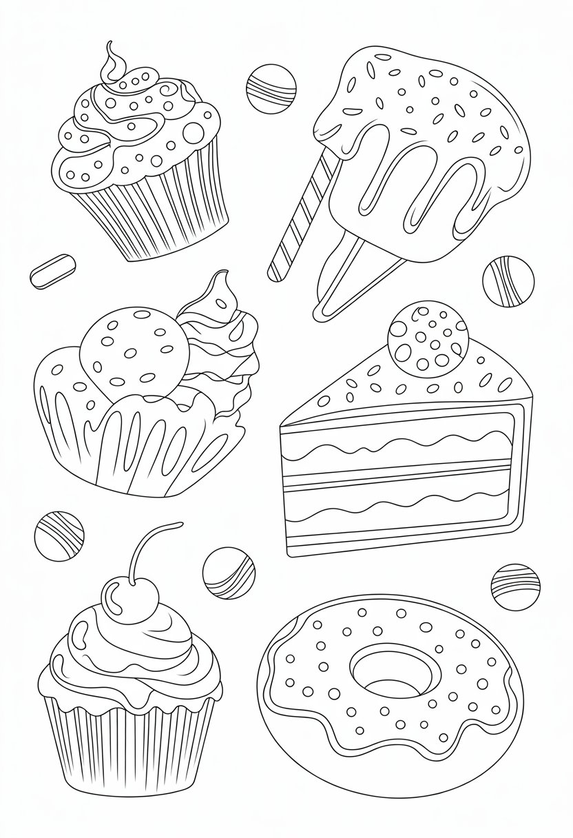 Coloring Pages Cute Ideas for Kids: 21 Engaging Designs to Inspire Creativity 26 A collection of various sweet desserts including cupcakes, a slice of cake, ice cream scoops in a bowl, a donut, and scattered candies.